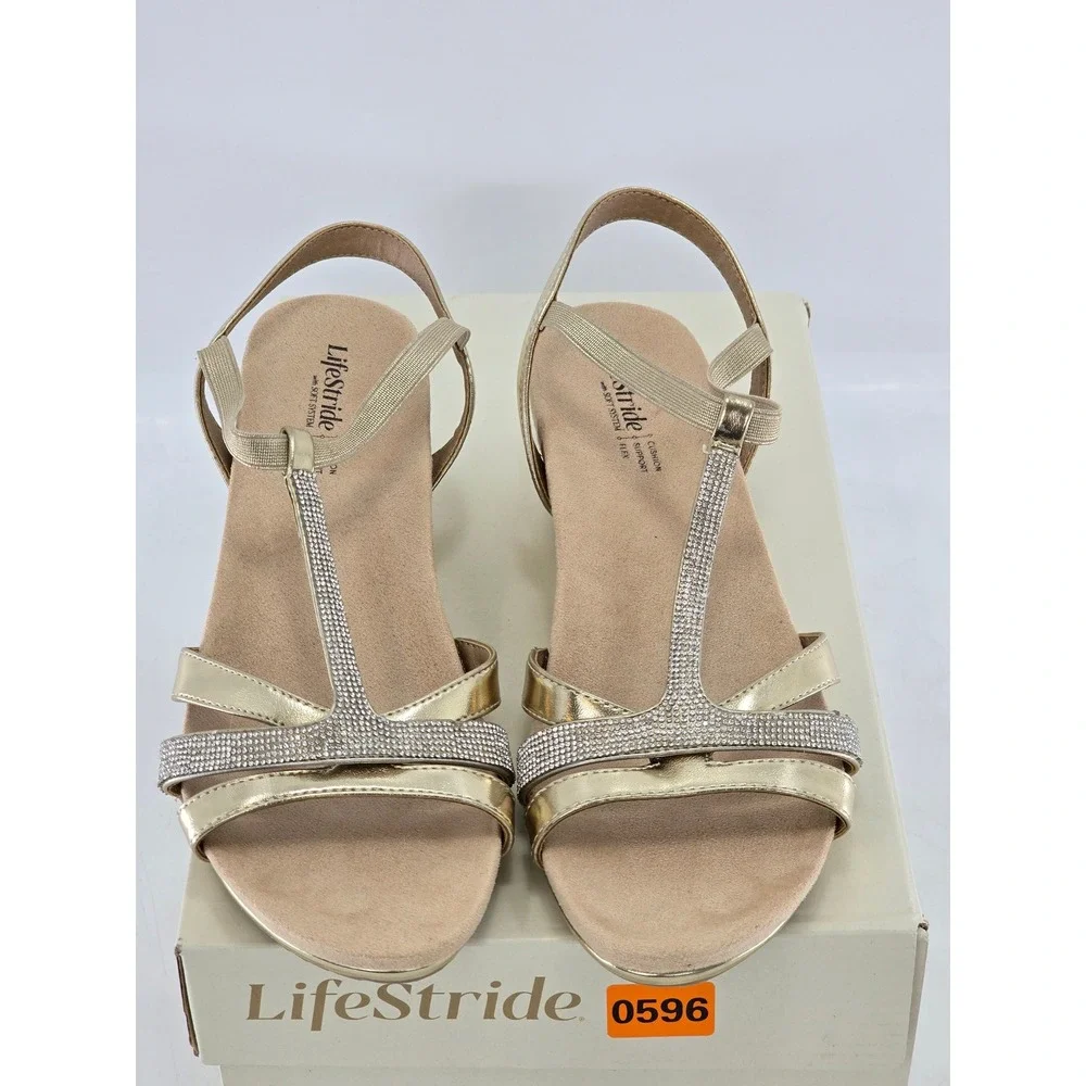 LifeStride Mimosa Sandals Womens 8.5 Gold Rhinestone Wedge Dress Shoes - New